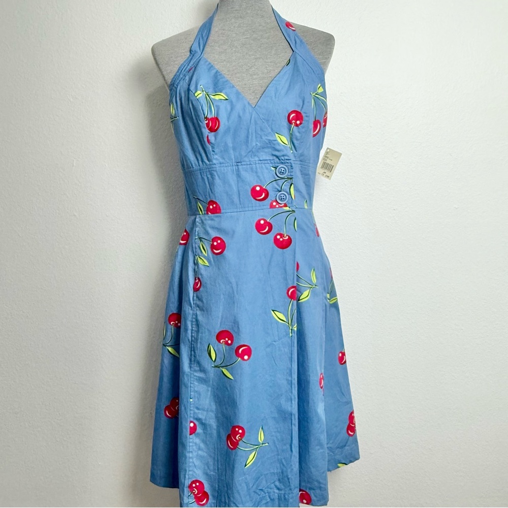 NWT Vintage Cherry Blue Halter Mini Dress Faux Wrap Fit & Flare Retro Deadstock